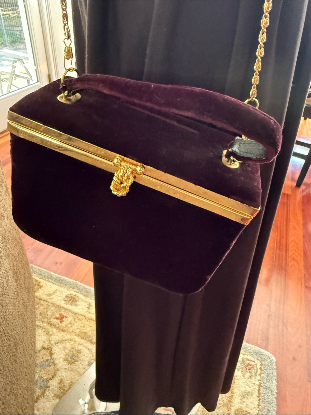 Vintage Velvet Frame Shoulder Bag in Deep Plum with Gold Hardware